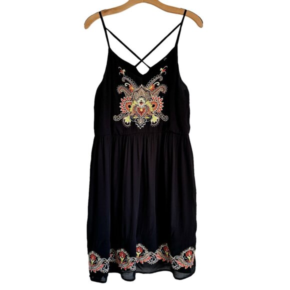 River Island Embroidered Black Sleeveless Mini Dress Size 12 Large Women's - Picture 1 of 8